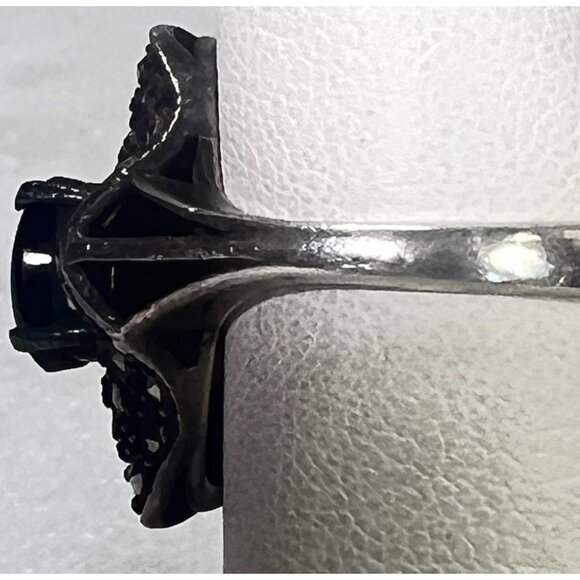 Vtg Black Onyx Marcasite Statement Ring 925 Thailand Silver Size 6.75 Wavy .75" - Picture 4 of 13